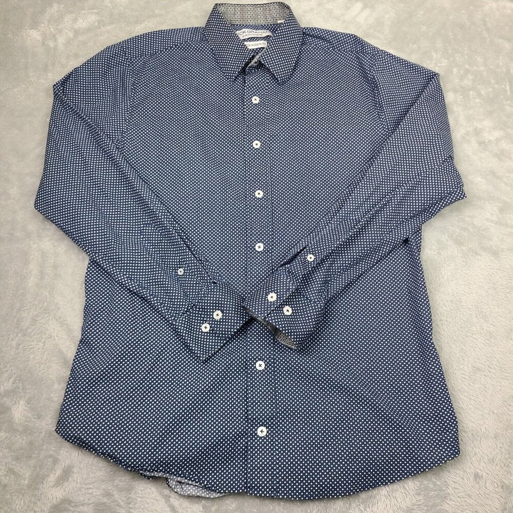 Nick Graham Modern Stretch Navy Polka Dot  Cotton Dress Shirt 15 34/35 SZ Medium